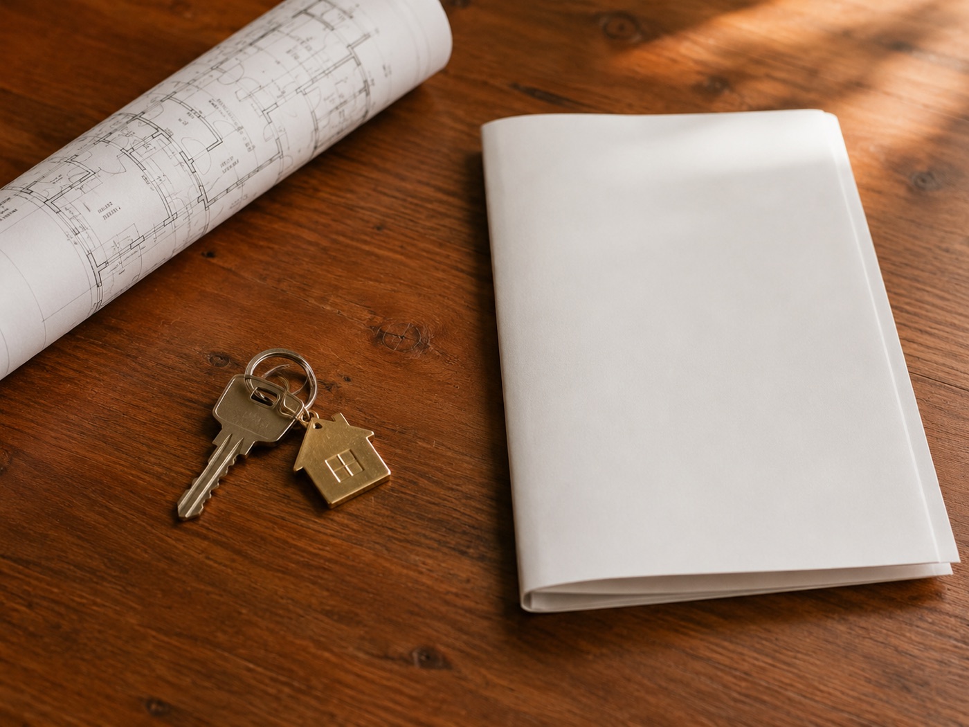 House keys on a wooden desk next to a blueprint and closing paperwork